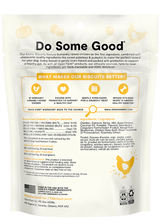 Back view of Open Farm Chicken & Oatmeal Better Biscuit bag with ingredient transparency