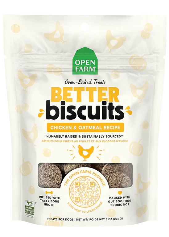 Front of Open Farm Chicken & Oatmeal Better Biscuit bag showing branding and flavour