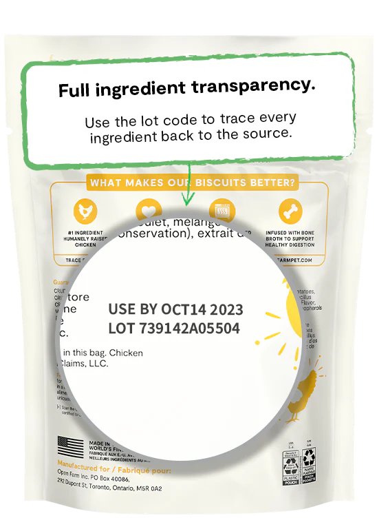 Transparency label on the back of Open Farm Chicken & Oatmeal Better Biscuit bag