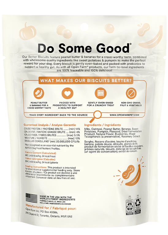 Back view of Open Farm Peanut Butter & Banana Better Biscuit bag with ingredient details