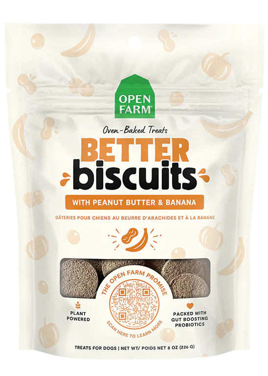 Front view of Open Farm Peanut Butter & Banana Better Biscuit bag showing branding