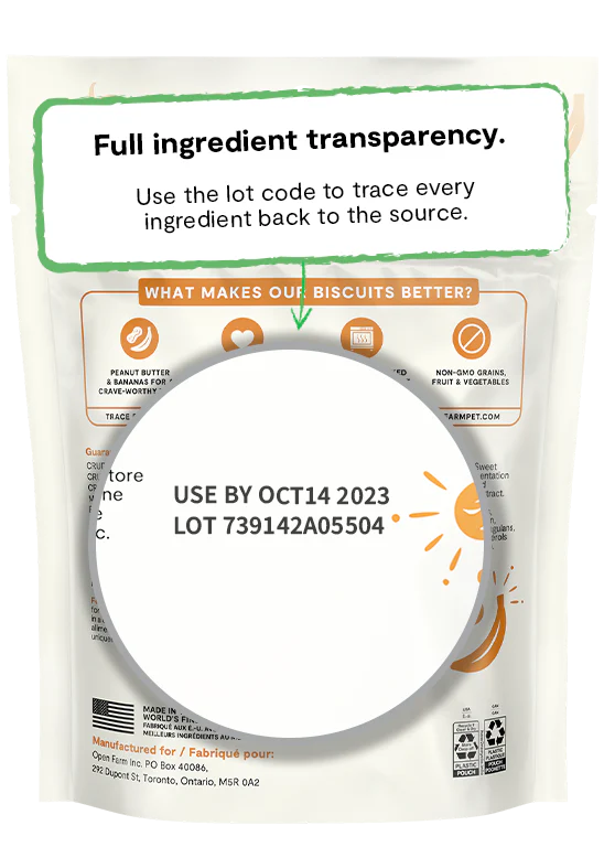Back of Open Farm Peanut Butter & Banana Better Biscuit bag with transparency details