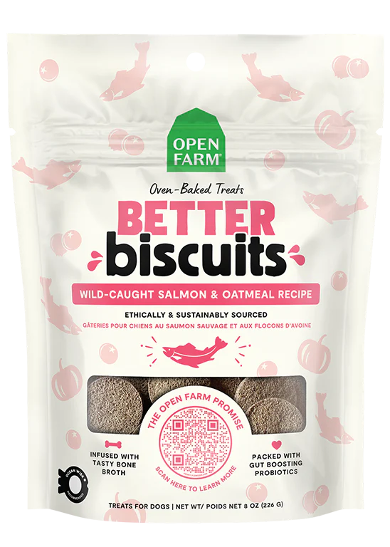 Front view of Open Farm Wild-Caught Salmon Better Biscuit bag showing branding and flavour