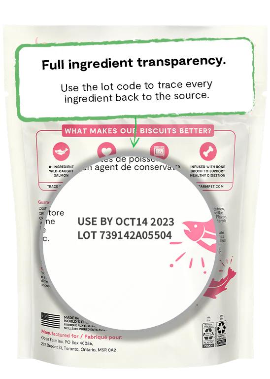 Transparency details on the back of Open Farm Wild-Caught Salmon Better Biscuit bag