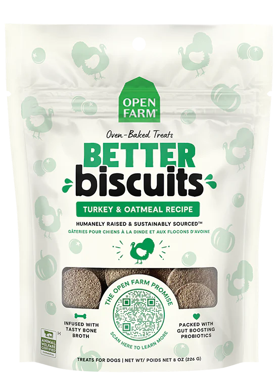 Front of Open Farm Turkey & Oatmeal Better Biscuit bag showing branding and flavour