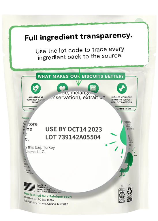 Transparency label on back of Open Farm Turkey & Oatmeal Better Biscuit bag