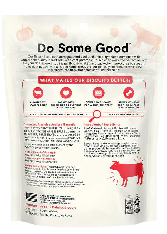 Back view of Open Farm Grass-Fed Beef Better Biscuit bag showing ingredients and certifications