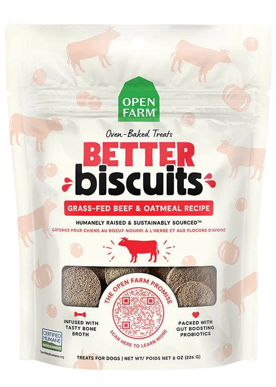 Front view of Open Farm Grass-Fed Beef Better Biscuit bag with branding and flavour