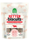 Front view of Open Farm Grass-Fed Beef Better Biscuit bag with branding and flavour