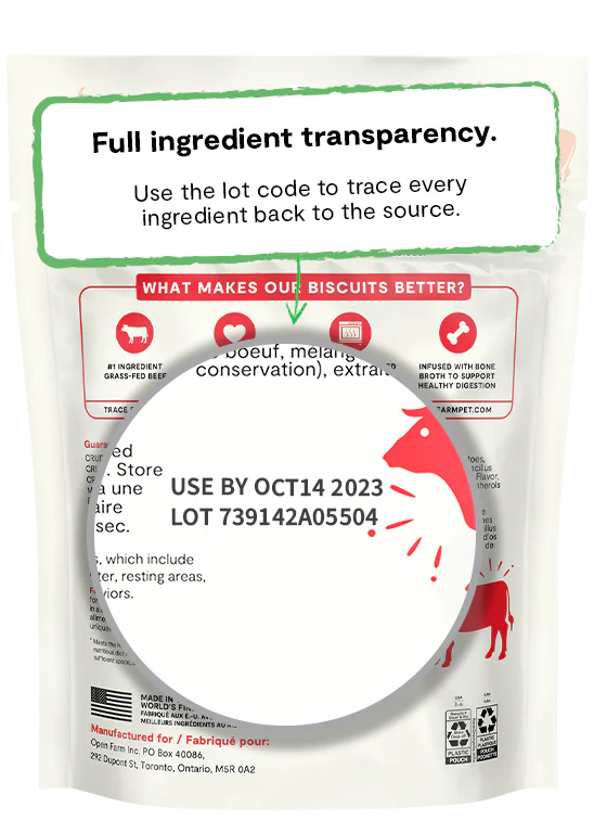 Transparency details on the back of Open Farm Grass-Fed Beef Better Biscuit bag
