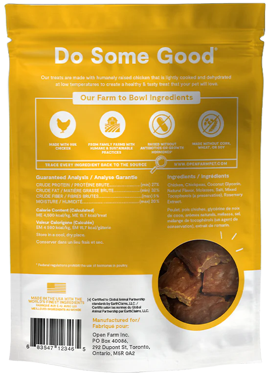 Back view of Open Farm Dehydrated Chicken Dog Treats bag featuring ingredients and sourcing transparency.