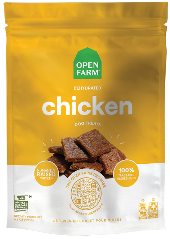 Front view of Open Farm Dehydrated Chicken Dog Treats bag showcasing humanely raised chicken.