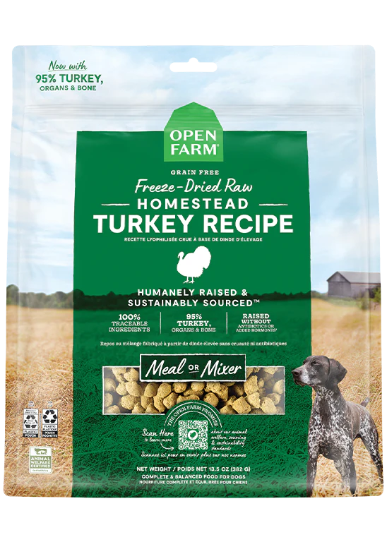 Open Farm Homestead Turkey Freeze Dried Raw Dog Food, showcasing responsibly raised turkey and organic veggies for whole-body health.
