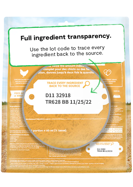 Open Farm’s fully traceable ingredients for Harvest Chicken, ensuring ethical and quality sourcing.