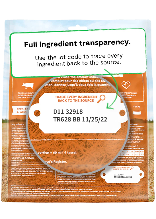 Open Farm’s fully traceable ingredients for Farmer’s Table Pork, providing a natural diet choice for dogs.