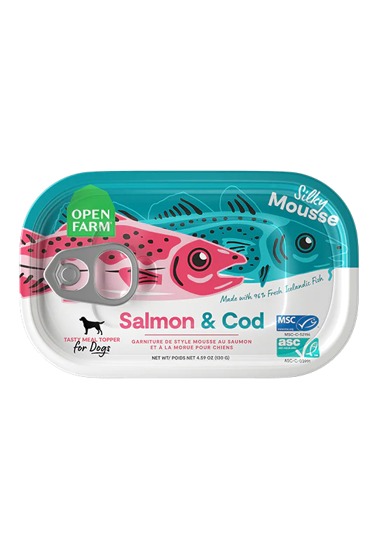 Front view of Open Farm Salmon & Cod Topper, highlighting fresh, MSC & ASC-certified Icelandic salmon and cod.