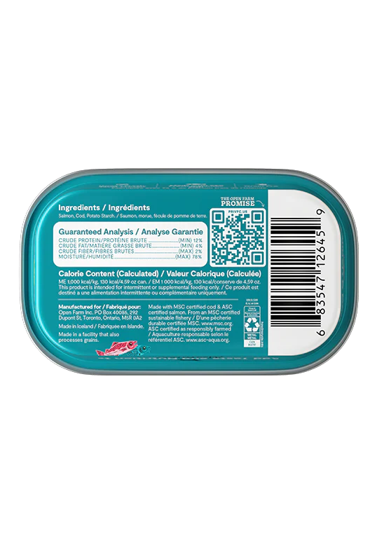 Bottom view of Open Farm Salmon & Cod Topper with a BPA-free recyclable label and high-quality fish content.