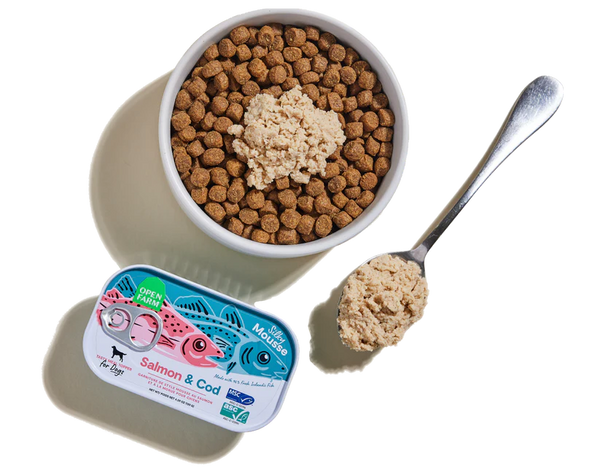 Open Farm Salmon & Cod Topper with kibble, enhancing dog nutrition with delicious, sustainable fish.