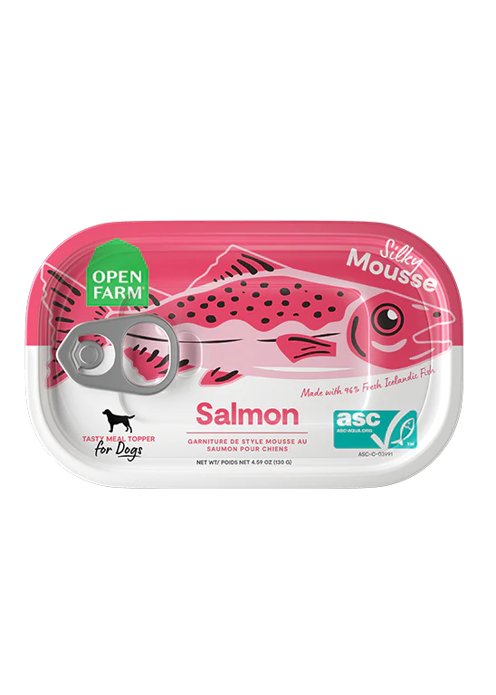 Front view of Open Farm Salmon Topper, featuring 96% fresh ASC-certified salmon and human-grade ingredients for enhanced dog nutrition.