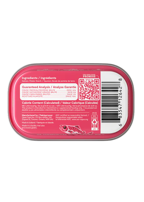 Bottom view of Open Farm Salmon Topper, emphasizing the BPA-free recyclable packaging and high-quality salmon content.