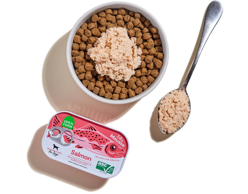Open Farm Salmon Topper with kibble, creating a high-quality, nutritious meal for dogs.