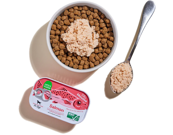 Open Farm Salmon Topper with kibble, creating a high-quality, nutritious meal for dogs.