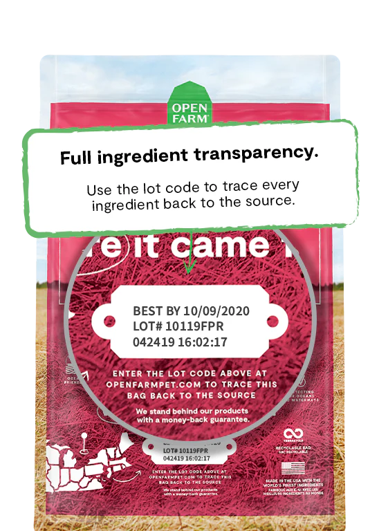 A close-up image of the transparency promise on the back of the bag, showcasing Open Farm's commitment to responsible sourcing and ingredient integrity.