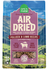 Front view of Open Farm Air-Dried Pollock & Lamb Dog Food bag, highlighting the 90% wild-caught pollock and humanely raised lamb for complete and balanced nutrition.
