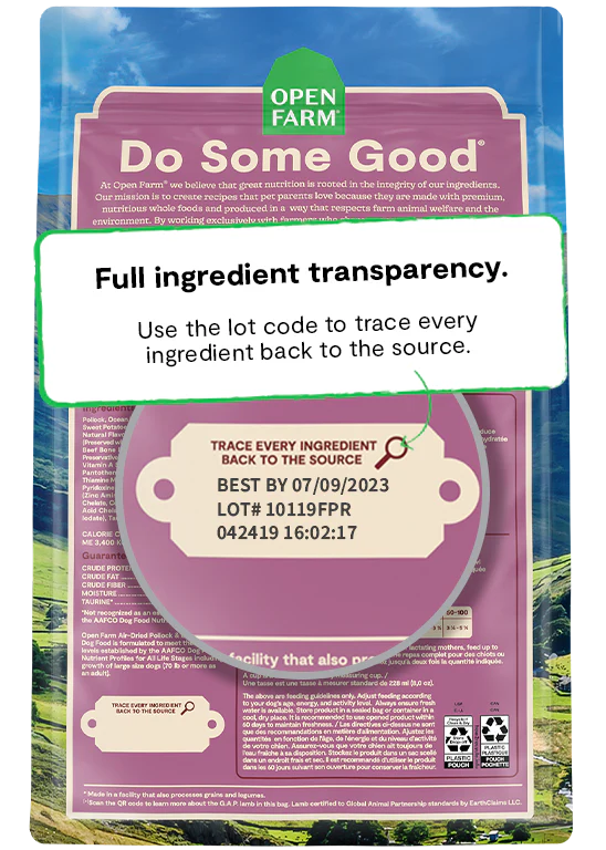 Image of the back of the Open Farm Air-Dried Pollock & Lamb Dog Food bag, displaying the brand's commitment to transparency with a clear list of high-quality, GMO-free ingredients.