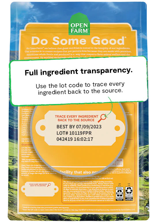 Image of the back of the Open Farm Air-Dried Harvest Chicken Dog Food bag, highlighting the companyâs commitment to transparency with a clear list of humanely raised, GMO-free ingredients.