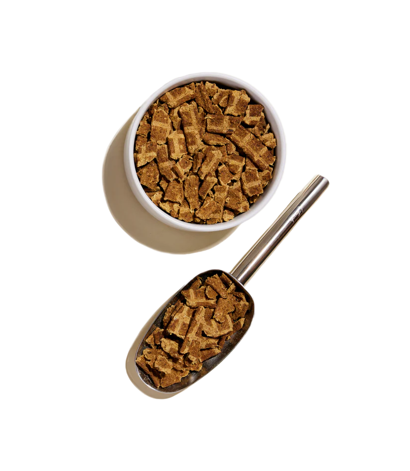 Up close phot of Open Farm Air Dried dog food showing the texture of this awesome raw meal topper for dogs.