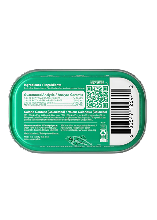 Bottom view of Open Farm Arctic Char Topper, showing recyclable BPA-free packaging with pure arctic char for sensitive diets.