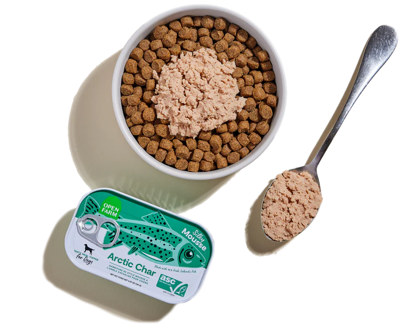 Open Farm Arctic Char Topper served with kibble in a dog bowl, showcasing a nutritious, high-quality meal enhancer for dogs.
