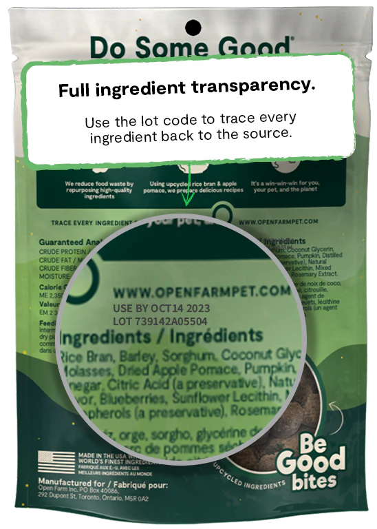 Transparency in sourcing and eco-certifications on Open Farm Be Good Bites Plant Recipe with Pumpkin