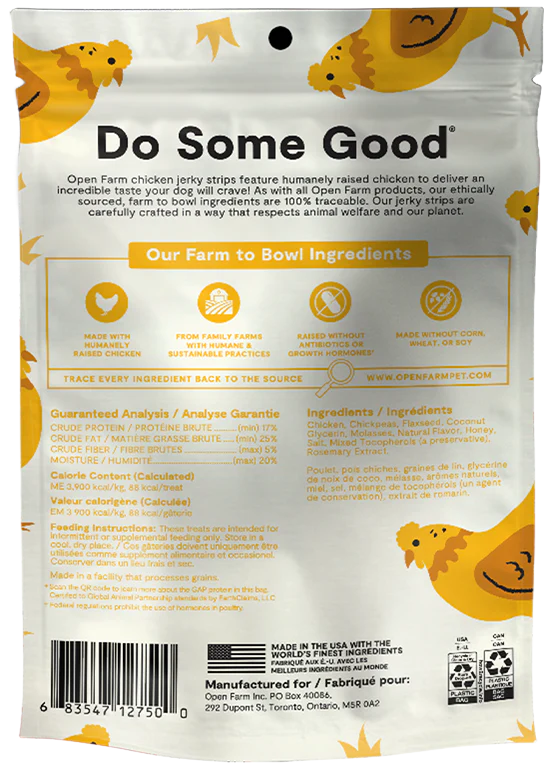 Image displaying the back of the Open Farm Chicken Jerky Treats bag, featuring ingredient information and nutritional facts.