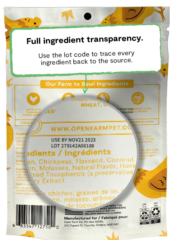 Image emphasizing Open Farm’s commitment to transparency with a QR code for tracing ingredients back to their source.