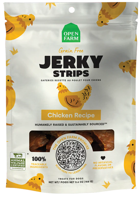 Image showing the front of the Open Farm Chicken Jerky Treats bag, highlighting the brand and product details.