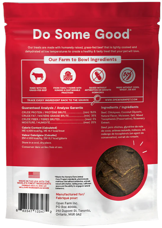 Back view of Open Farm Dehydrated Beef Dog Treats bag with ingredients and ethical sourcing.