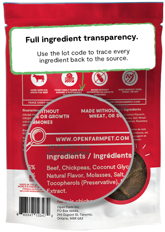 Detailed look at the back of Open Farm Dehydrated Beef Dog Treats bag showing full transparency.