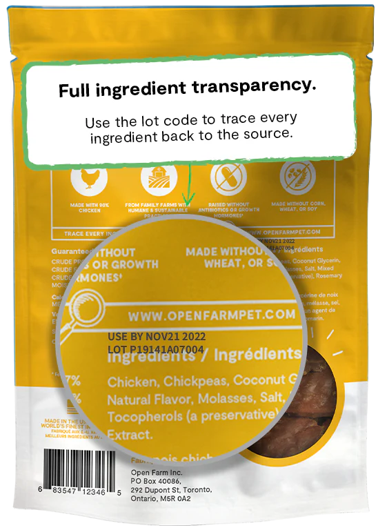 Detailed transparency on sourcing for Open Farm Dehydrated Chicken Dog Treats.
