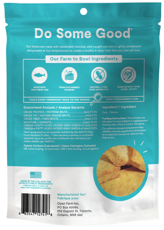 Back view of Open Farm Dehydrated Cod Fish Dog Treats bag with nutritional information.
