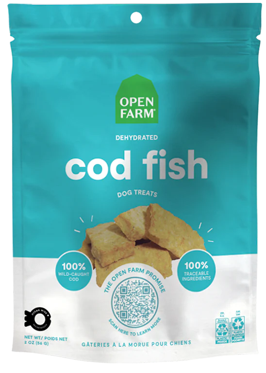Front view of Open Farm Dehydrated Cod Fish Dog Treats bag showcasing sustainable sourcing.
