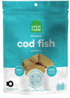 Front view of Open Farm Dehydrated Cod Fish Dog Treats bag showcasing sustainable sourcing.