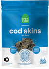 Front view of Open Farm Dehydrated Cod Skins Dog Treats bag showing protein-packed ingredients