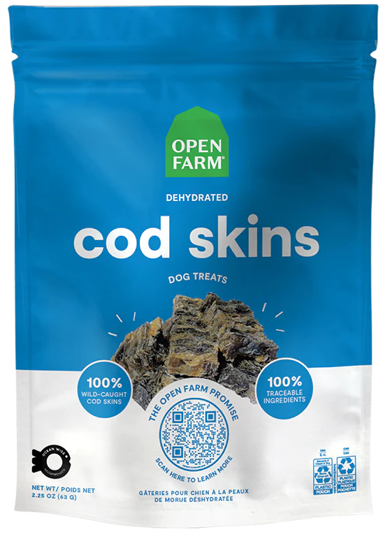 Front view of Open Farm Dehydrated Cod Skins Dog Treats bag showing protein-packed ingredients