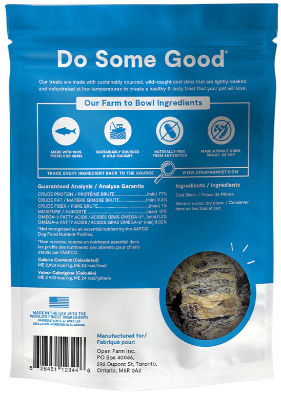 Back view of Open Farm Dehydrated Cod Skins Dog Treats bag with detailed ingredients and sourcing.