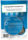 Transparent sourcing details on the back of Open Farm Dehydrated Cod Skins Dog Treats bag.