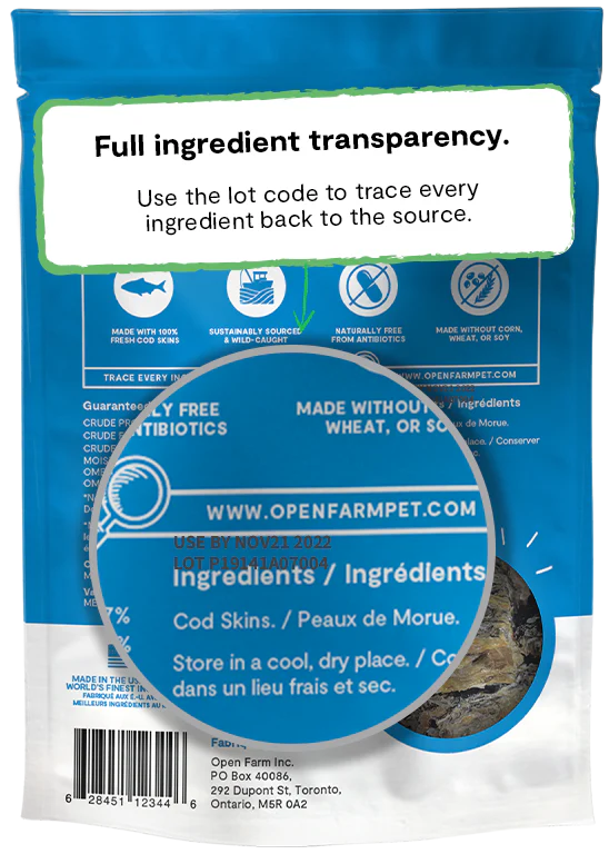 Transparent sourcing details on the back of Open Farm Dehydrated Cod Skins Dog Treats bag.