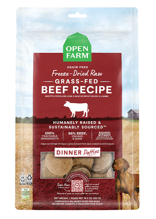 Open Farm Grass-Fed Beef Freeze Dried Raw Dog Food Patties, made from humanely raised beef for strong muscles and energy.