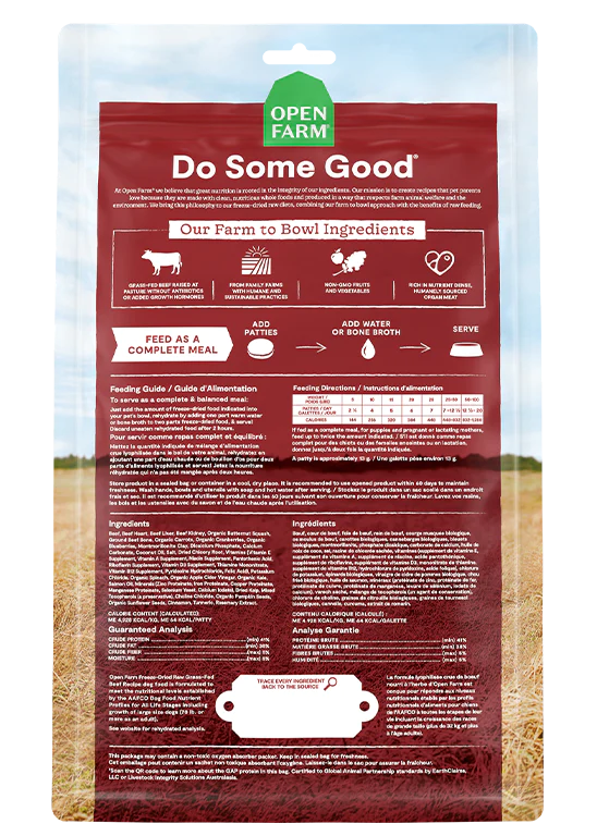 Ingredient breakdown of Open Farm's Grass-Fed Beef Freeze Dried Patties, ensuring top-quality nutrition for balanced health.